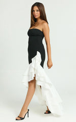 Deeyah Maxi Dress - Strapless Ruffle Detail Dress in Black & White