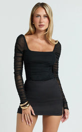 Casen Bodysuit - Long Sleeve Ruched Mesh Bodysuit in Black