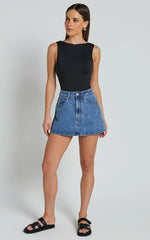 Harriet Skort - Mid Waisted Recycled Denim Skort in Mid Blue Wash