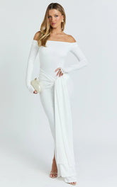 Judith Maxi Dress - Boat Neck Backless Tie Front Long Sleeve Jersey Dress in Cream
