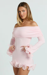 Estelle Mini Dress - Off Shoulder Long Sleeve Frilled Hem Fitted Dress in Baby Pink