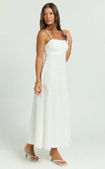 Brette Midi Dress - Linen Straight Neck Strappy Fit And Flare Dress in White