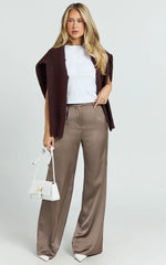 Cade Pants - Mid Waisted Front Pleat Satin Wide Leg Pants in Taupe