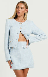 Olympia Mini Skirt - High Waisted A Line Boucle Skirt in Pale Blue