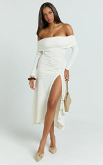 Carissa Midi Dress - Off Shoulder Long Sleeve Flounce Skirt Jersey Dress in Ivory