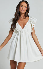 Raiza Mini Dress - Ruffle Sleeve Tie Back Plunge Dress in Off White