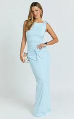 Ginny Maxi Dress - Jersey Ruched V Waist Dress in Blue