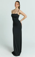 Edna Maxi Dress - Straight Neck A Line Maxi Dress in Black
