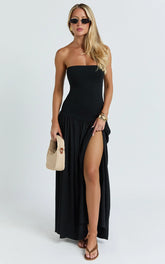 Harlee Maxi Dress - Strapless Drop Waist Knit Bodice Full Gathered Skirt Dress in Black