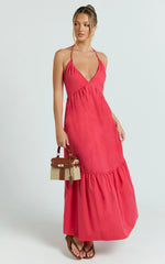 Augusta Midi Dress - Gathered Halter Neck Tiered Midi Dress in Red