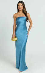 Charlita Maxi Dress - Strapless Cowl Back Satin Dress in Steel Blue