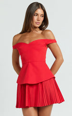 Izara Mini Dress - Off Shoulder Pleated Dress in Red