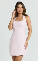 Aurora Mini Dress - Halter Neck Fit and Flare Dress in Pink