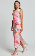 Cincinnati Midi Dress - Off The Shoulder Side Split Column Linen Look Dress in Pink Blur Floral