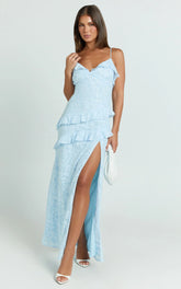 Braelyn Maxi Dress - Ruffle Low Back Dress in Blue