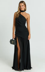 Enya Maxi Dress - One Shoulder Neck Tie Ruched High Split Dress in Black