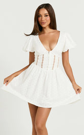 Chriscelle Mini Dress - Lace Detail Fit & Flare Dress in White