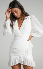 Can I Be Your Honey Mini Dress - Plunge Balloon Sleeve Dress in White