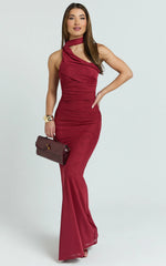 Larson Maxi Dress - Asymmetric Tie Neck Column Dress in Wine