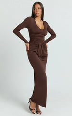 Dixie Maxi Dress - Plunge Long Sleeve Bodycon Dress in Chocolate