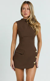 Langley Mini Dress - Sleeveless High Neck Faux Wrap Tulip Dress in Brown
