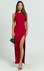 Audette Maxi Dress - Boat Neck Ruched Fitted Dress in Red