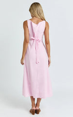 Cameron Midi Dress - Button Front Tie Back Dress in Pink