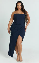 Daniella Maxi Dress - Strapless Corset Draped Asymmetrical Dress in Navy