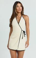 Connie Mini Dress - Linen Halter Neck Wrap Dress in Ecru