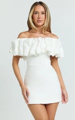Coraline Mini Dress - Ruffle Off Shoulder Fitted Dress in White