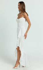 Brionna Midi Dress - Lace Neck Ruched Ruffle Hem Dress in White