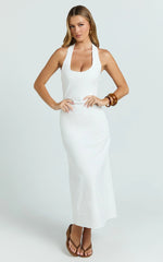 Murray Midi Dress - Deep U Halter Neck Dress in White