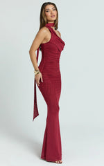 Larson Maxi Dress - Asymmetric Tie Neck Column Dress in Wine