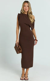 Nalfie Midi Dress - Tipped Shoulder Jersey Drape Dress in Chocolate