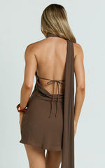Maddox Mini Dress - Scarf Neck Low Tie Back Slip Dress in Brown