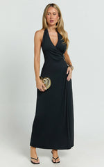 Roseville Maxi - Wrap Front Halter Dress with Hardware Detail in Black