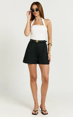 Ali Linen Blend Shorts - High Waisted Cuffed Shorts in Black