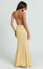 Belrose Maxi Dress - Jacquard Square Neck Fit And Flare Dress in Yellow