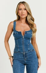 Bellerose Top - Front Zip Denim Fitted Top in Dark Blue Wash