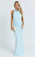 Lizzy Maxi Dress - Backless Ruched Bodycon Dress in Blue