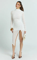 Karlene Midi Dress - Stretch Lace Long Sleeve Ruched Split Hem Dress in Ivory