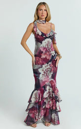 Riley Maxi Dress - Asymmetric Ruffle Detail Maxi Dress in Mariache Rose