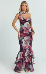 Riley Maxi Dress - Asymmetric Ruffle Detail Maxi Dress in Mariache Rose