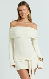 Rhianna Mini Dress - Knitted Off Shoulder Tie Waist Mini Dress in Cream
