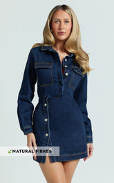 Ainsley Mini Dress - Button Through Long Sleeve Denim Dress in Dark Blue
