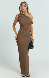 Clementine Maxi Dress - Tip Shoulder Ruched Bodycon Dress in Chocolate