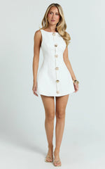 Izzy Mini Dress - Gold Trims Feature Tulip Skirt Dress in White