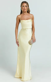 Hanna Maxi Dress - Satin Cowl Neck Low Back Dress in Lemon