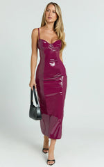 Callie Midi Dress - PU Sweetheart Neck Back Split Bodycon Dress in Dark Cherry