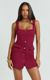 Kenna Mini Dress - Square Neck Button Down Mini Dress in Wine